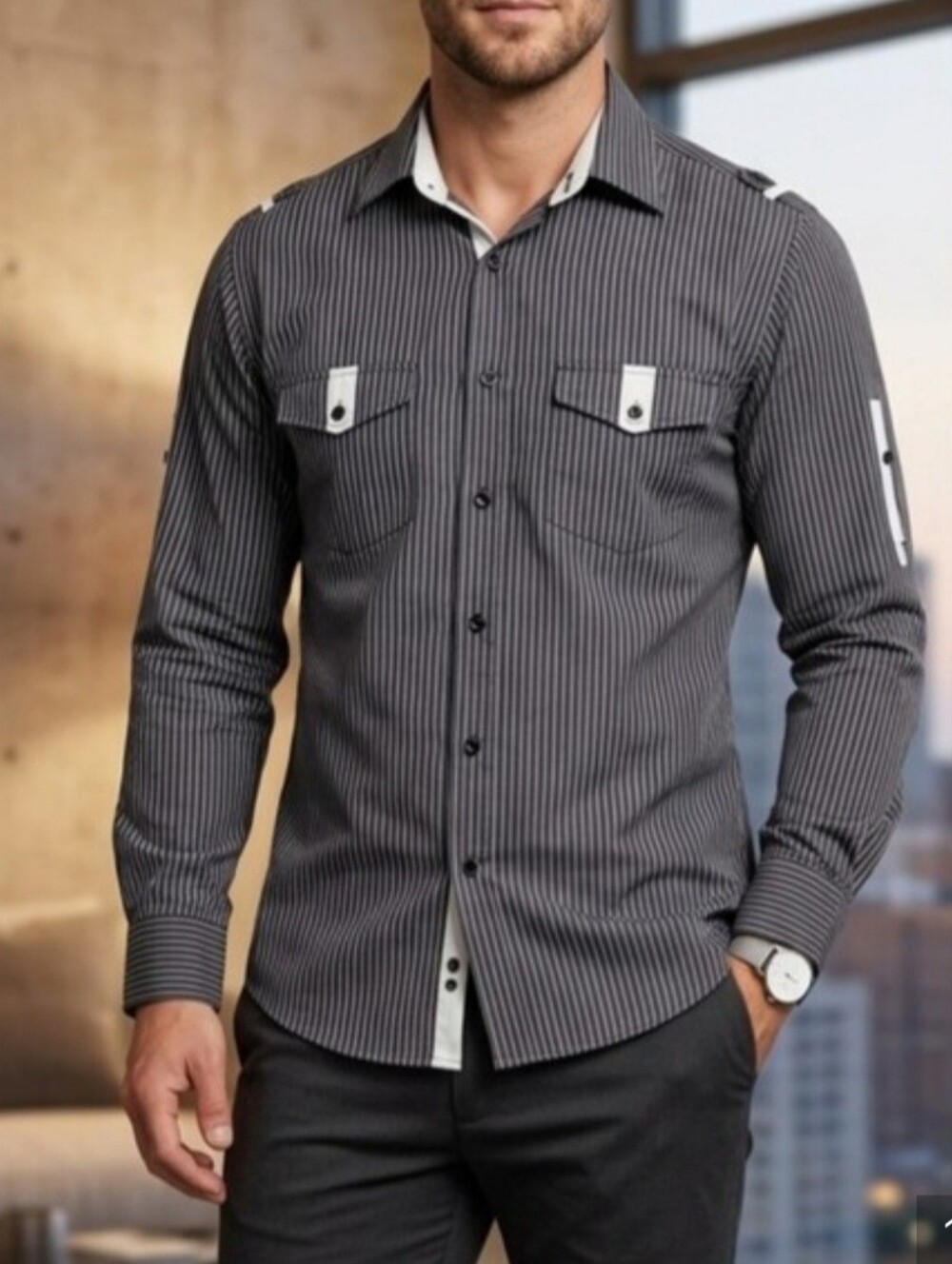 Desire Collection Men's Grey Striped Button Down Shirt - Slim Fit Military Style
